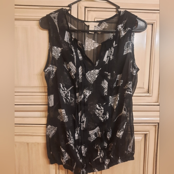 Banana Republic‎ Sheer Cinched Bottom Tank Top - Small - Black White Paris - Picture 1 of 7